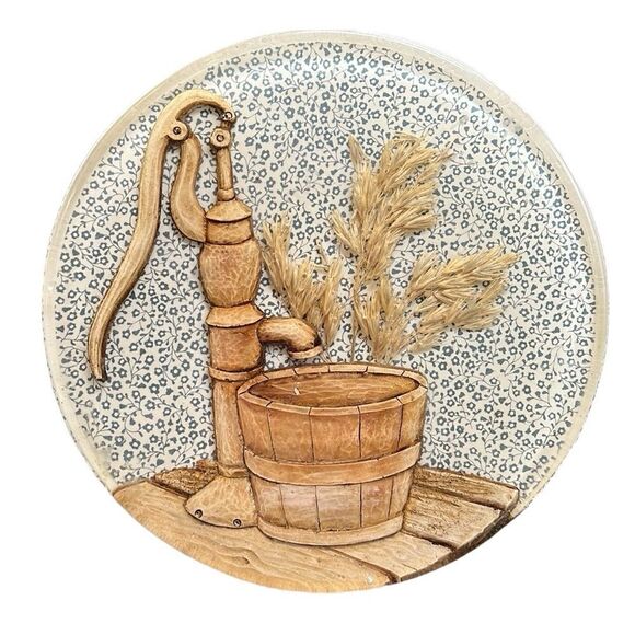 Vintage Trivet Water Pump Barrel Wheat Acrylic Resin Kitchen Farmhouse 8" D - Picture 1 of 4